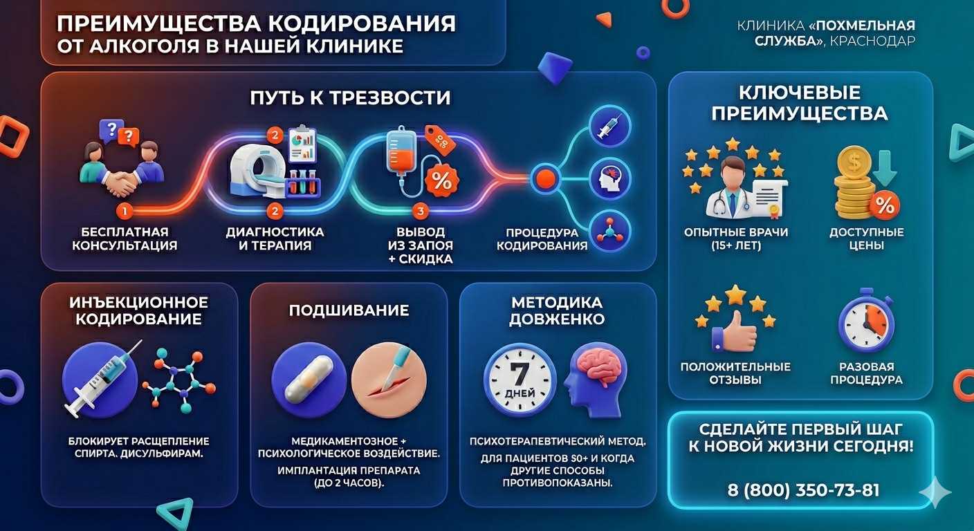 Инфографика о методах кодирования от алкоголя в Магнитогорске: инъекции, подшивание, метод Довженко. Преимущества клиники и этапы лечения.