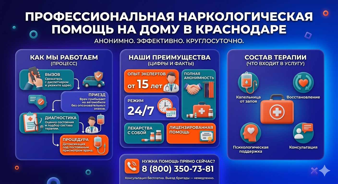 Инфографика о принципах лечения алкоголизма на дому в Магнитогорске: этапы вызова нарколога, преимущества анонимной детоксикации и состав медицинской помощи.